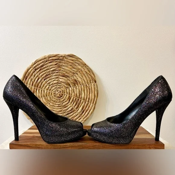 Stuart Weitzman Evabaton Perp Toe Platform Evening Pumps Iris Glitter Size 8.5